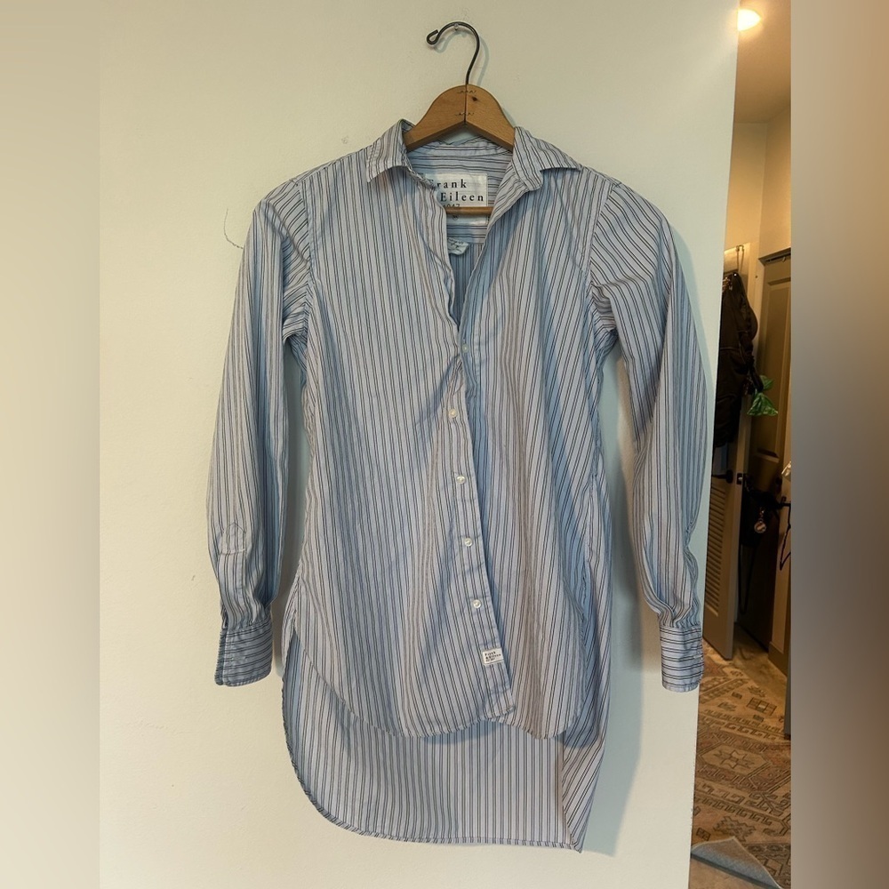 Frank & Eileen Grayson Button-Up Shirt XS Blue White Stripe Cotton Tunic - Picture 8 of 8